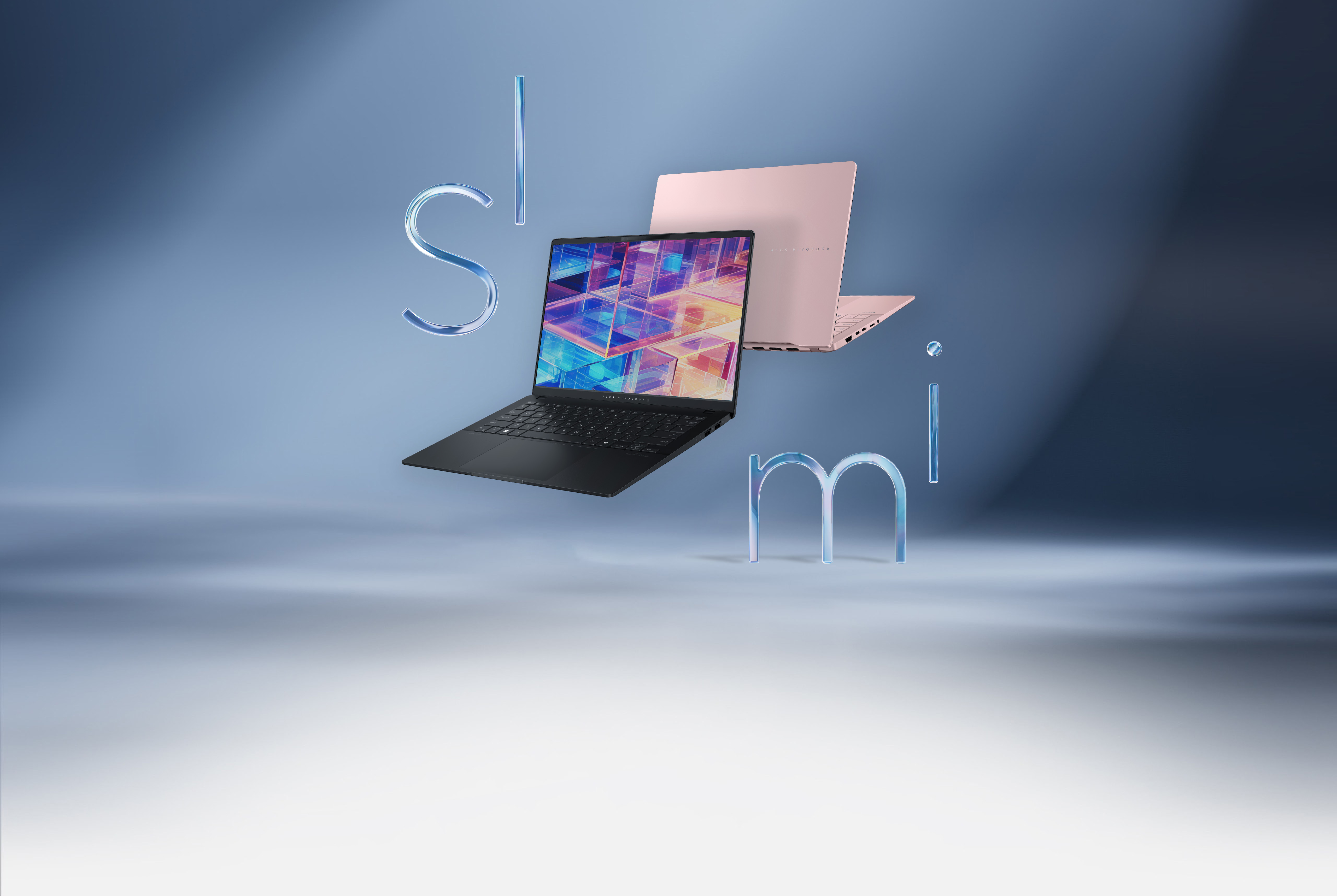 Two ASUS Vivobook S 14 OLED laptops floating in the air. There is a translucent thin ribbon material on the back of two laptops that says “Slim” along with an Evo badge by its side.