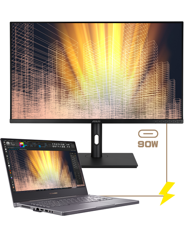 Connecting ProArt Display PA329CV and a laptop via USB-C port and it supports 90W power delivery.