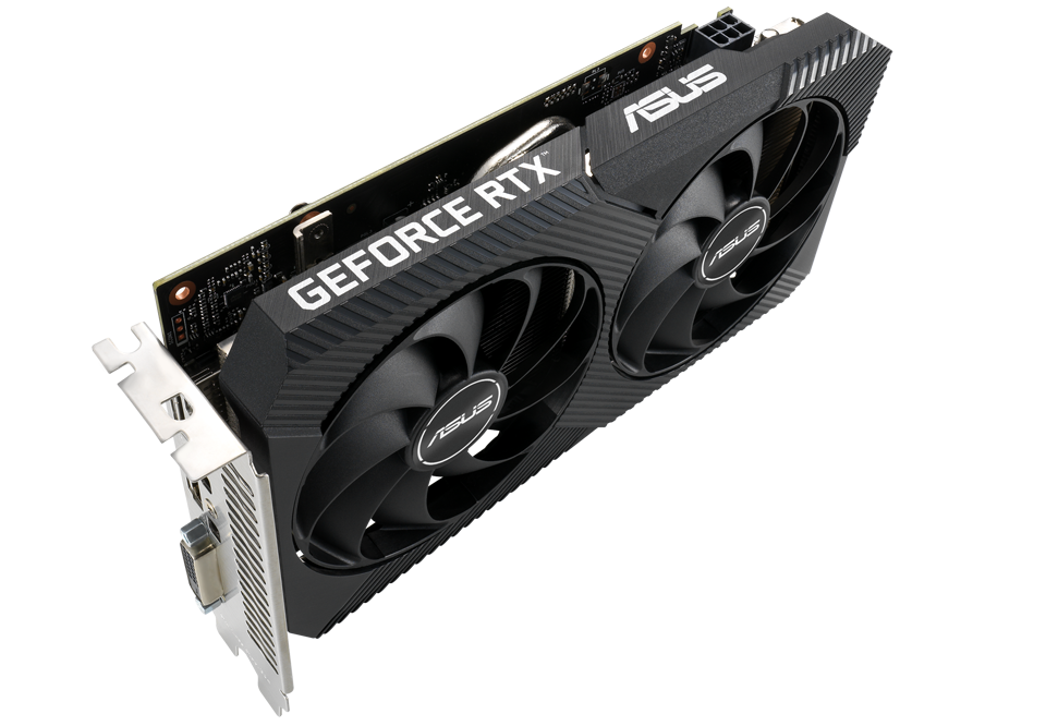 Angled top down view of the card ASUS Dual GeForce RTX 3050 SI V2 graphics card