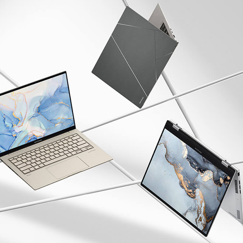 Three ASUS Zenbook laptops — Zenbook S 13 OLED, Zenbook 14X OLED, and Zenbook S 13 Flip OLED — in various usage modes on bright, minimalistic background