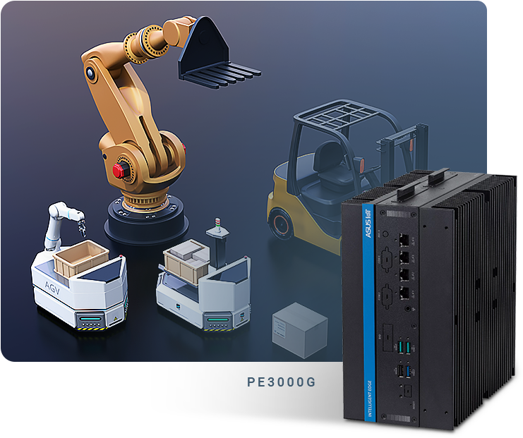 An ASUS IoT PE3000G edge computer merged with warehouse autonomous vehicles background