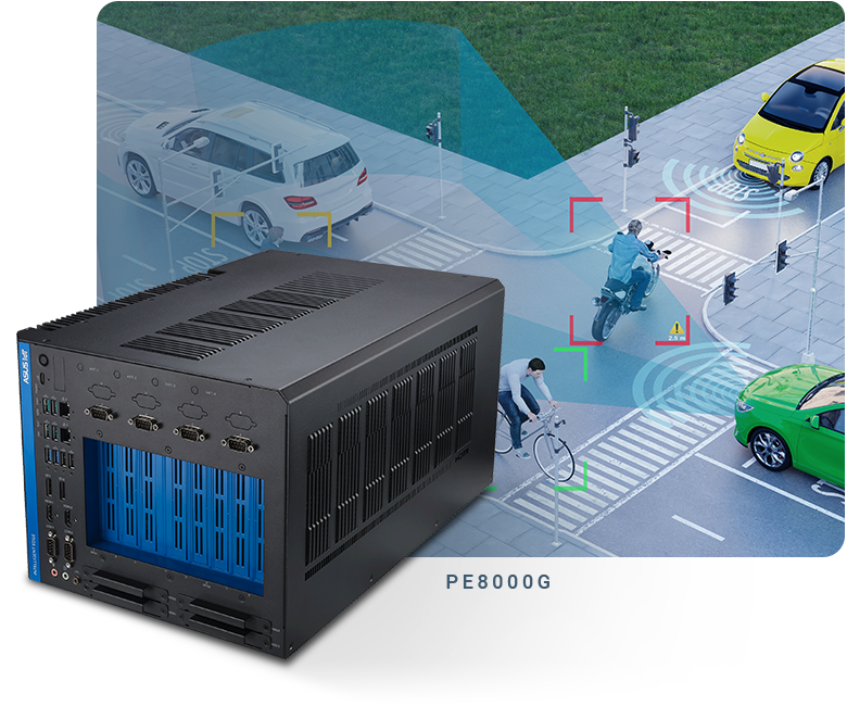 An ASUS IoT PE8000G edge computer merged with cross road background with cars and pedestrians