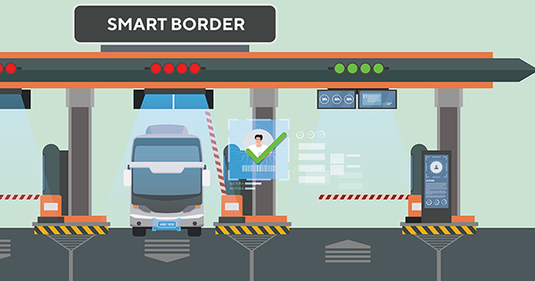 At border, a truck is passing gate with car information detected by camera