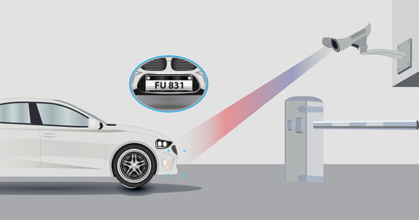At parking lot gate, a car is detected by entrance camera and showing car plate number