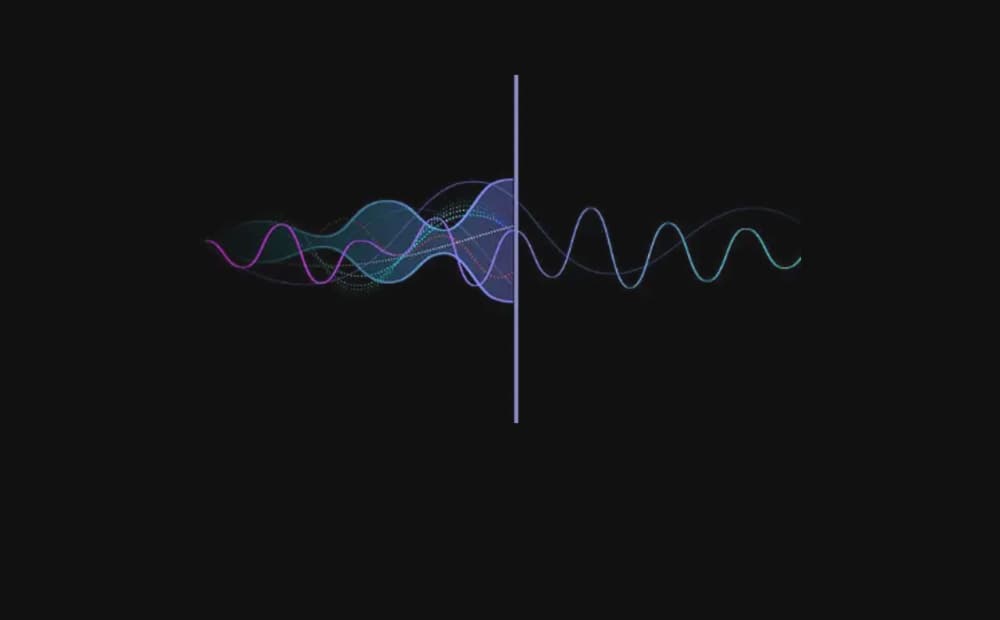 Simulation d'ondes sonores divisées en deux, avec plusieurs fréquences à gauche et seulement deux à droite.
