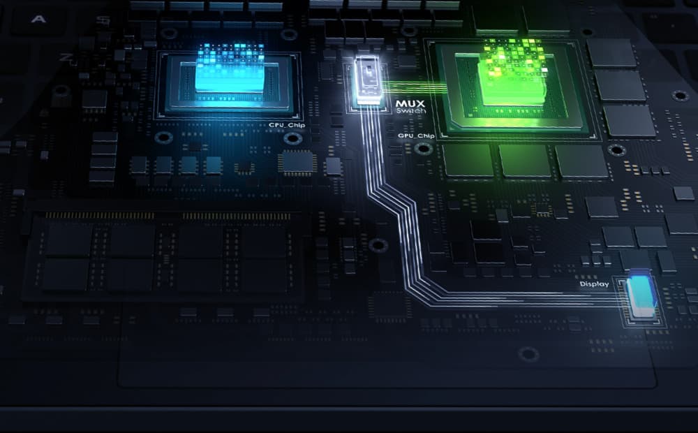 Image stylisée en 3D d'une carte mère d'ordinateur portable, avec le routage entre le CPU, le GPU, le Switch MUX et l'écran mis en évidence.