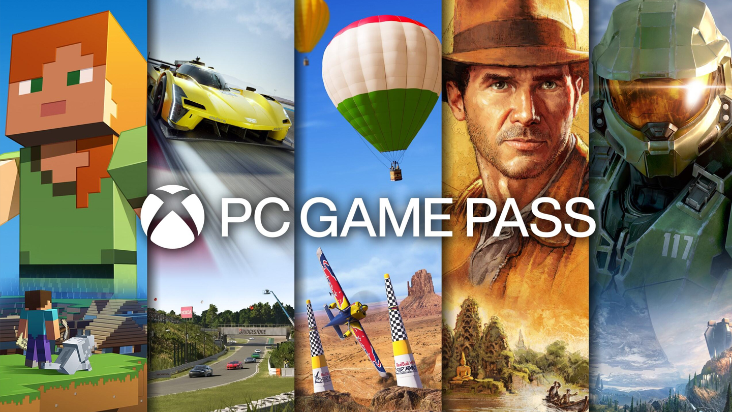 Un mélange de jeux Microsoft dans une bannière publicitaire, dont Forza, Halo et Microsoft Flight Simulator.