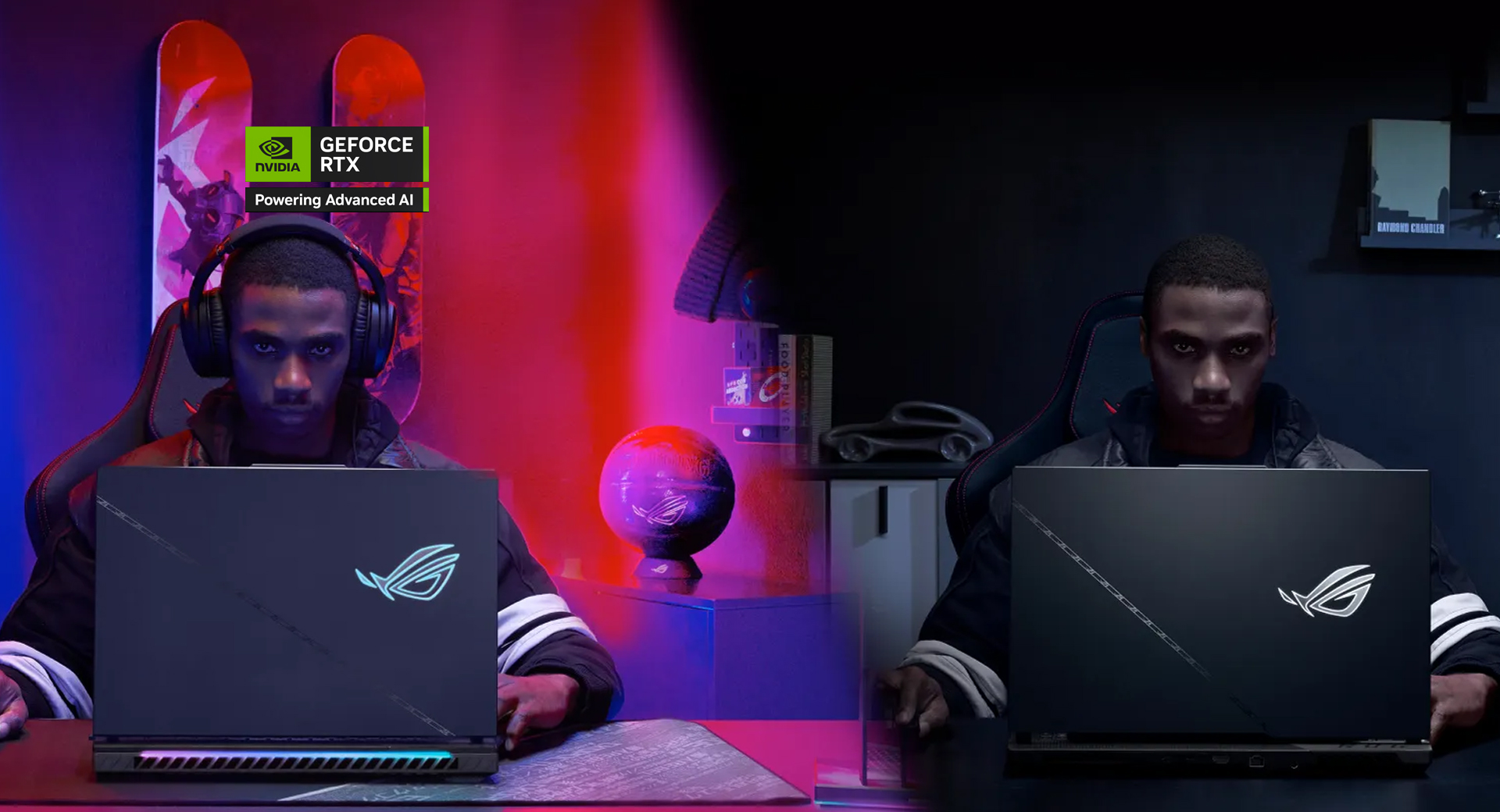 Two men are using ROG Strix laptops. One is immersed into his game world with the Strix Scar 17, and the other one is creating his work with a Strix SCAR 18 laptop.
