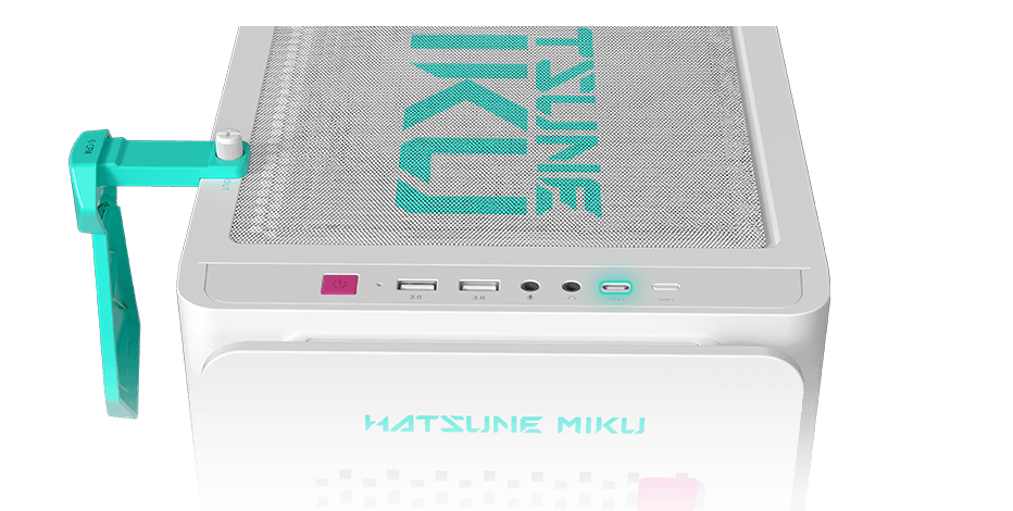ASUS A23 Hatsune Miku Edition angled top view showing IO ports and USB TYPE-C