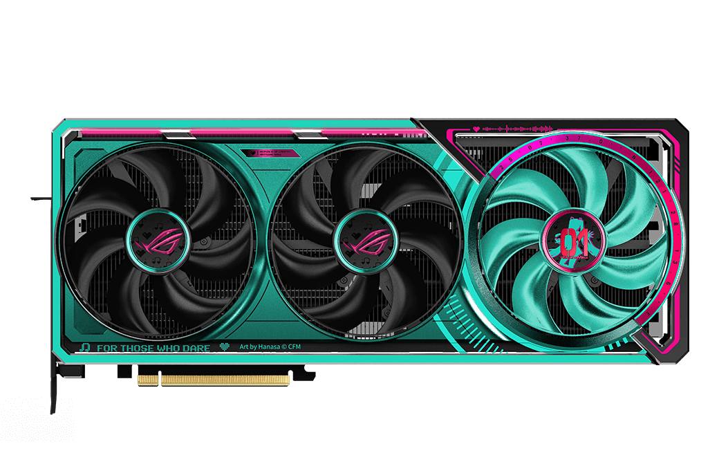 front view of ROG Astral GeForce RTX5080 O16G HATSUNE MIKU EDITION, blending the ROG sci-fi, futuristic aesthetics and Hatsune Miku blue-green, pink color scheme with vibrant, playful style