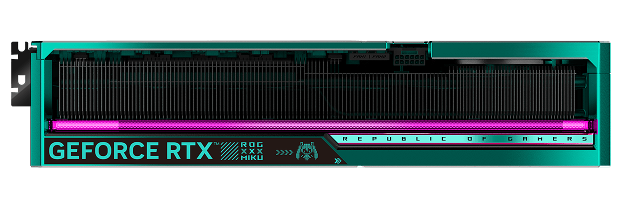 RTX5080 O16G HATSUNE MIKU EDITION, angled top down view showing slot design with lighting