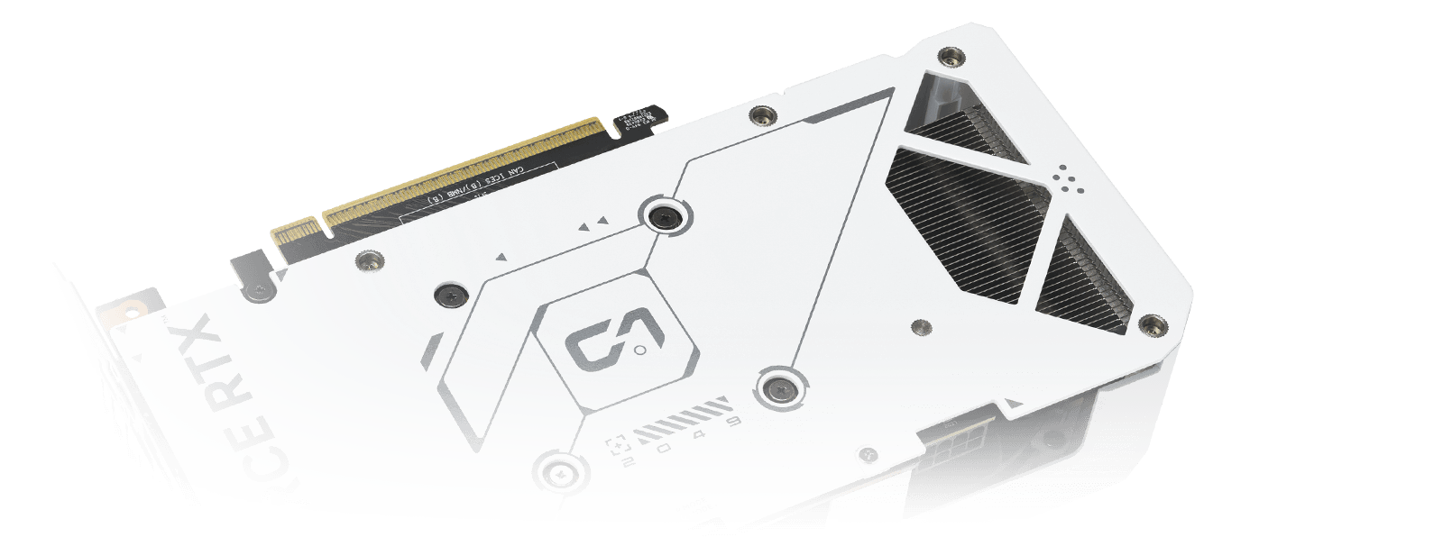 Close-up view of an ASUS graphics card's protective metal backplate, featuring a vented design for improved heat dissipation and structural durability.
