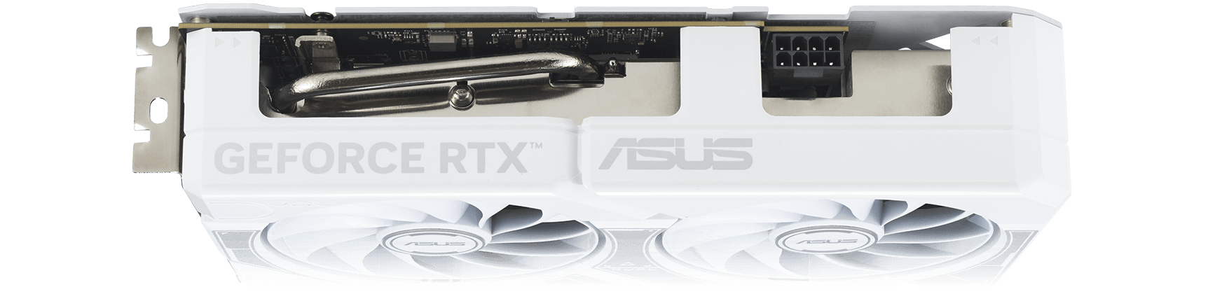 Angled top down view of the card ASUS Dual GeForce RTX 5060 Ti White Edition graphics card