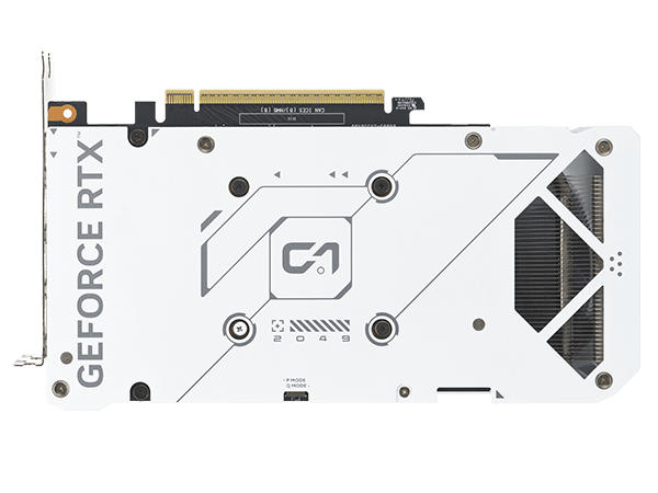 Close-up view of a GeForce RTX graphics card's protective backplate.