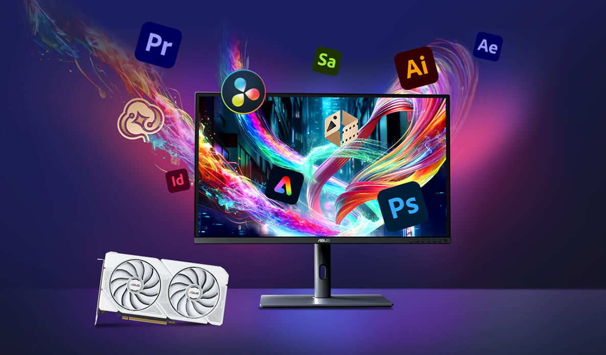 Monitor on a desk, with Adobe product logos floating around the monitor