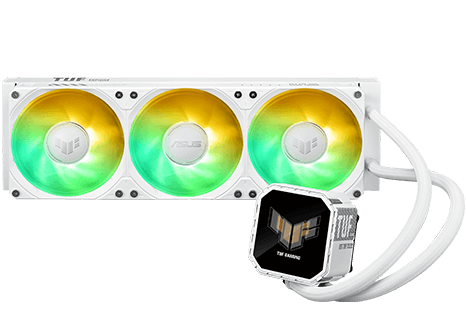 The front angle of TUF Gaming LC III 360 ARGB LCD White Edition