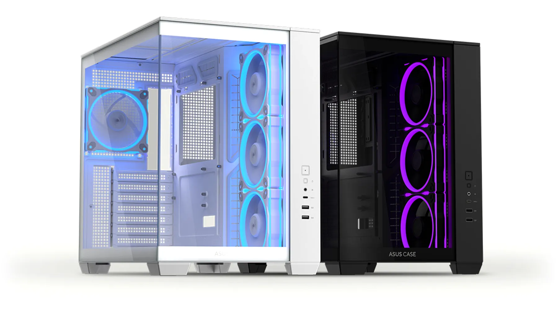 Two A32 PLUS are side by side; one is white with blue LED fans, and the other is black with purple LED fans. Both have clear side panels.