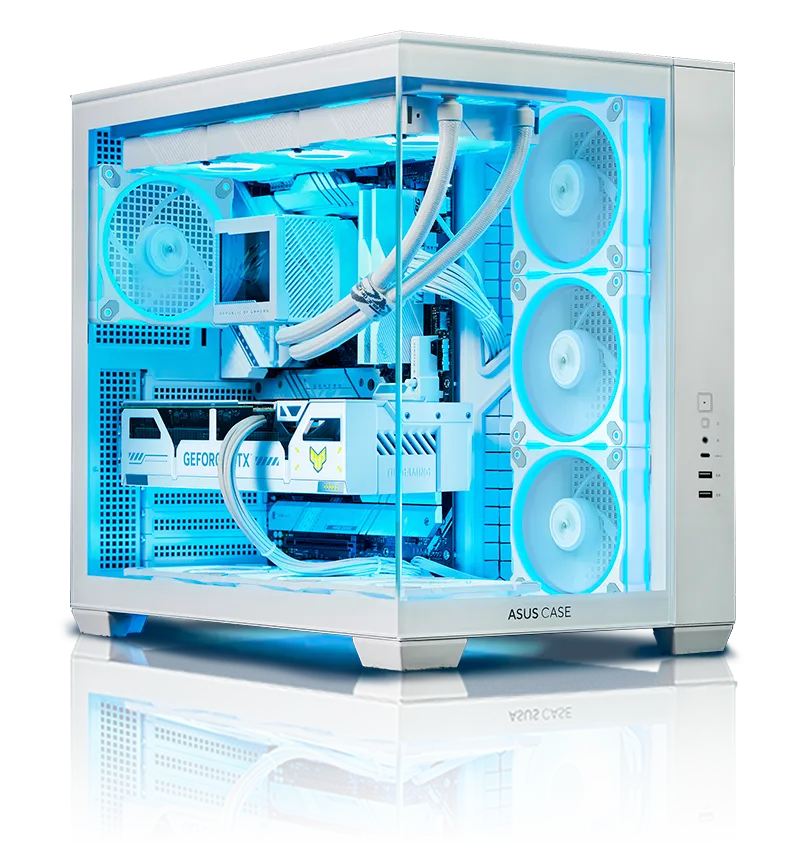 White gaming PC with glowing blue LED fans inside a transparent ASUS A32 PLUS case. Visible components include a GeForce RTX 50 Series graphics card and AIO cooler