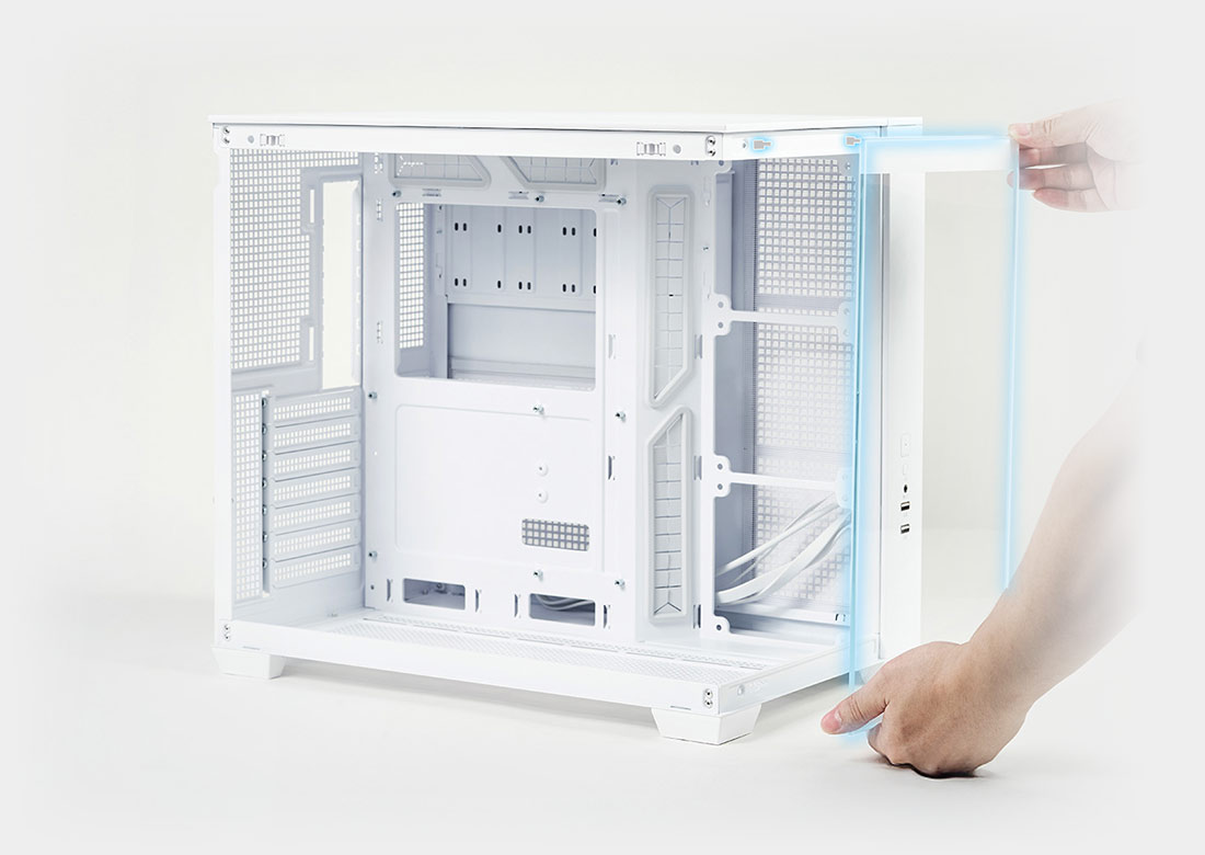 A person holds a translucent panel highlighted by blue lights, attaching it to a white A32 PLUS case, which is open and empty