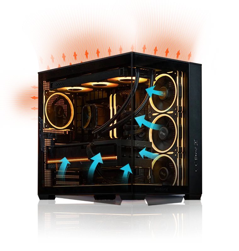 An A32 PLUS build with glowing fans sets against a dark backdrop with blue and red airflow arrows to show the thermal design