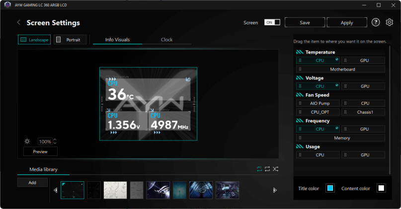ASUS Info Hub software interface for AYW Gaming AIO cooler showing system monitoring screen with CPU temperature, voltage, and fan speed display