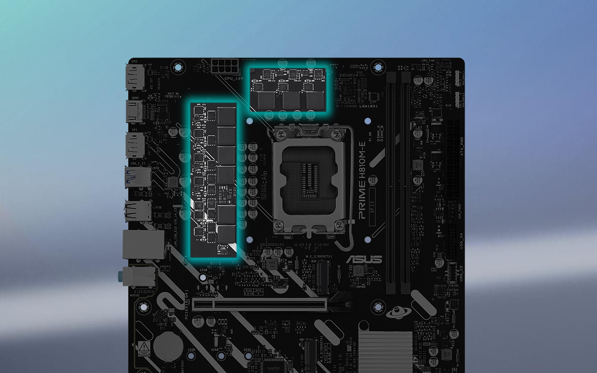 Angled top-down view of PRIME H810M-E-CSM motherboard. 