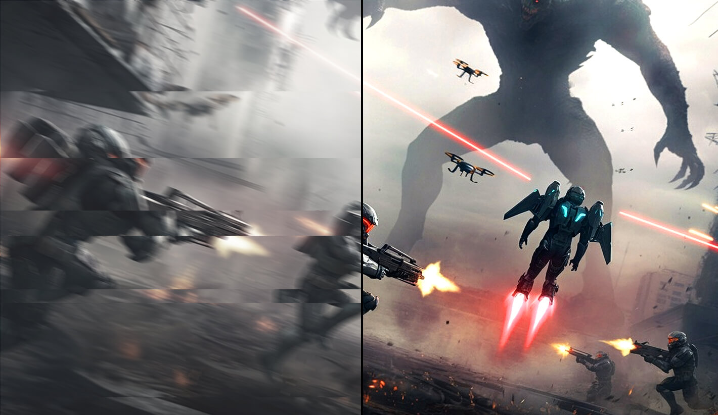 Soldier shooting monster with VRR off showing blur on left, tear-free on right.