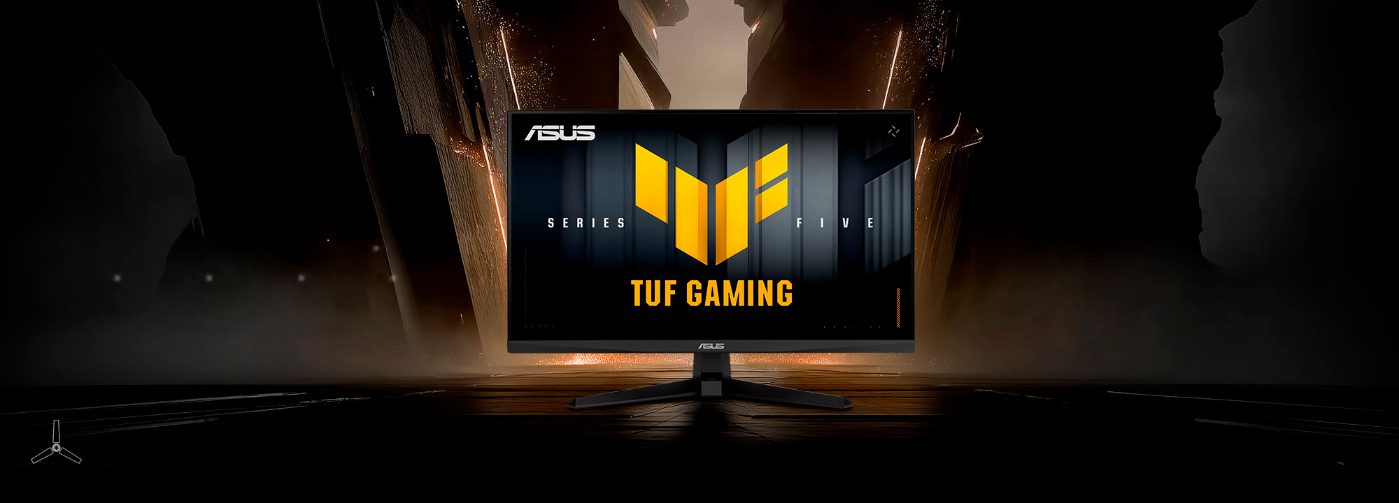 The TUF Gaming monitor VG259QM5A displaying vibrant, colorful graphics with the TUF logo at its center.