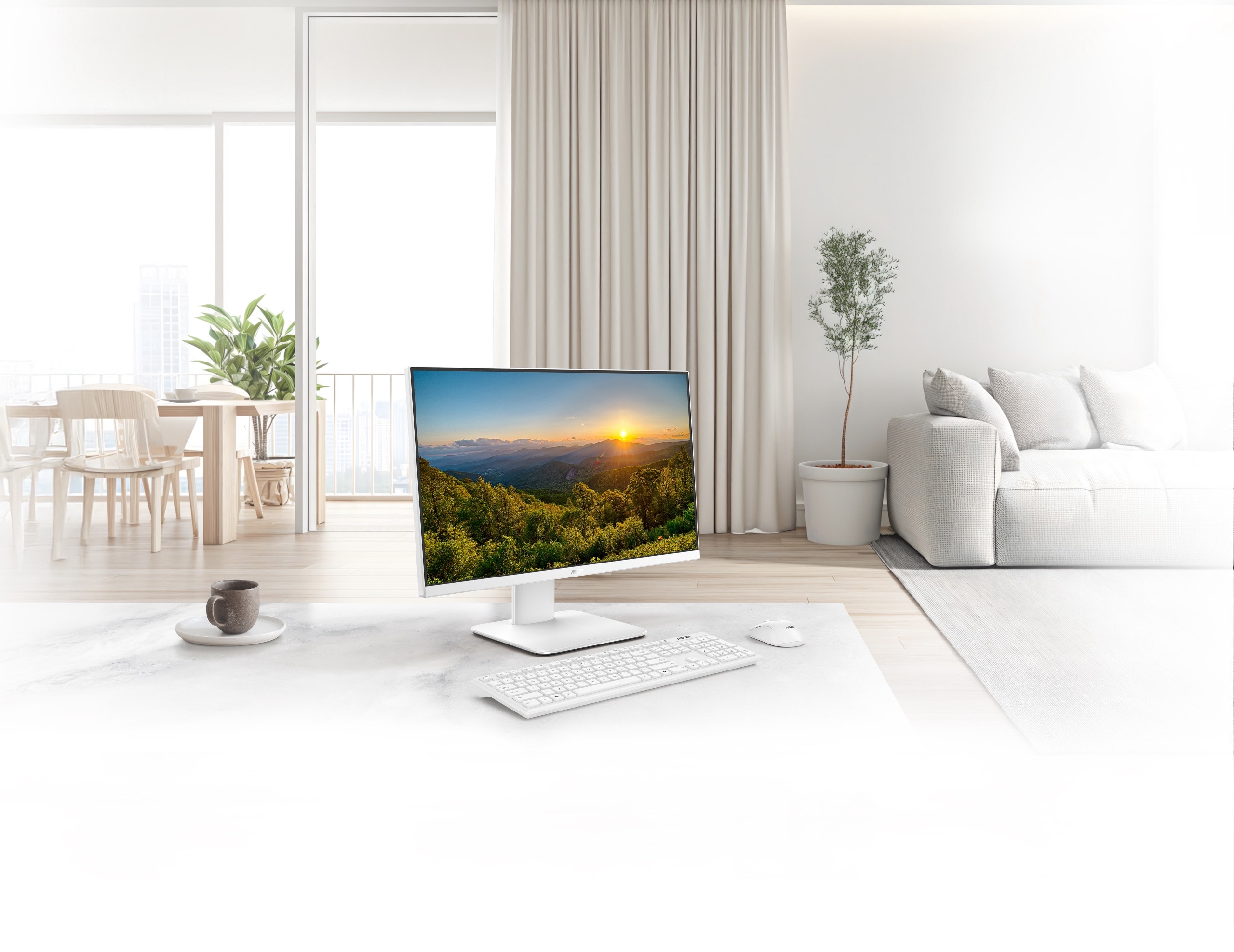 An ASUS V600 AiO, accompanied by a keyboard and mouse, is shown on the wooden desk with a living room in the background. 