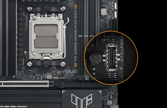 TUF GAMING B850M-PLUS WIFI7 motherboard with a magnified inset highlighting a front panel USB 10Gbps Type-C port, showing support for high-speed connections.