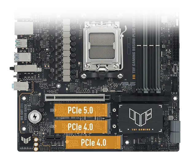 TUF GAMING B850M-PLUS WIFI7 with two highlighted PCIe slots labeled PCIe 5.0 and one labeled PCIe 4.0. The slots are emphasized in orange.