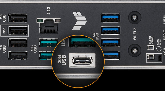 Rear I/O panel of TUF GAMING B850M-PLUS WIFI7 motherboard with a magnified inset highlighting a USB 20Gbps Type-C port among other ports, showing support for high-speed connections.