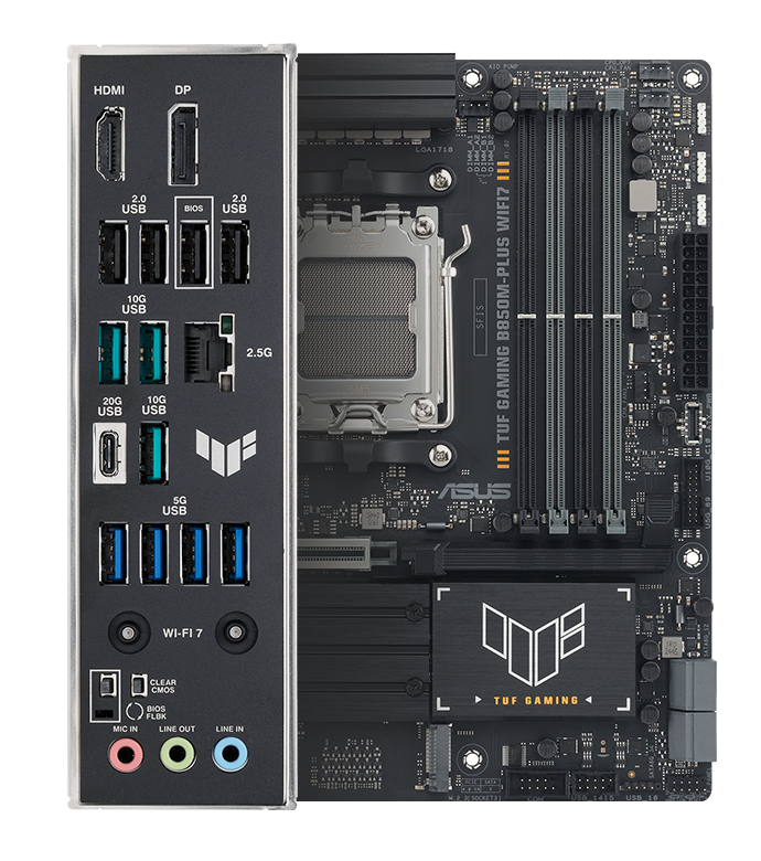 TUF Gaming motherboard front view, with Aura lighting, and I/O shield