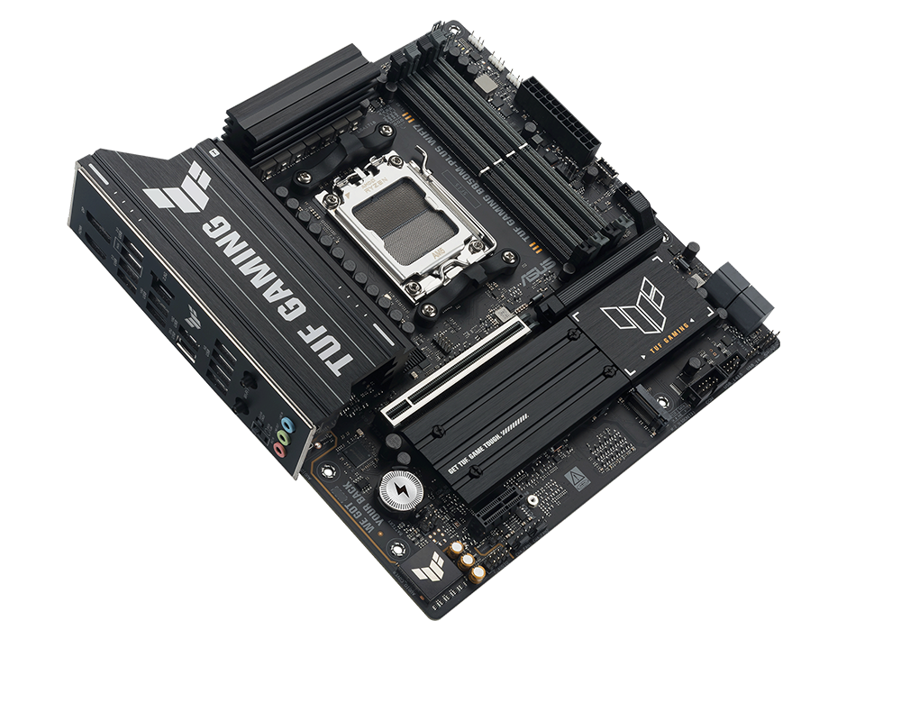 TUF Gaming motherboard front view, 45 degrees