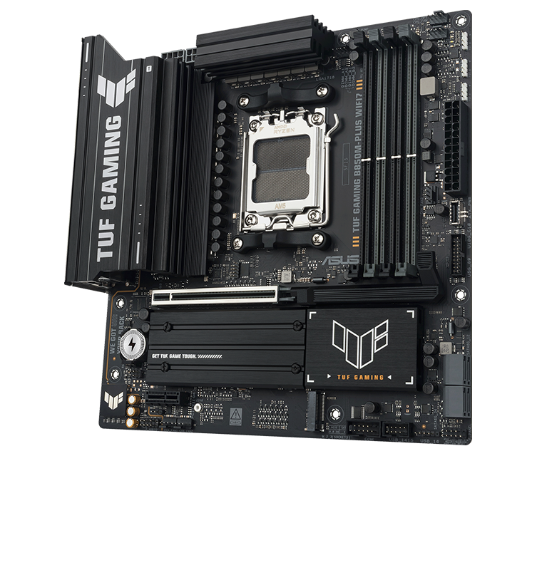 TUF Gaming motherboard front view, 60 degrees, with Aura lighting