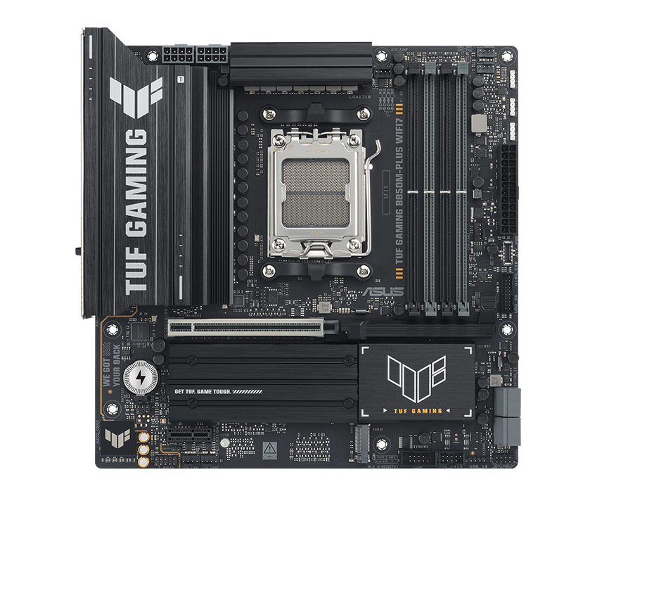 TUF Gaming motherboard front view, with Aura lighting