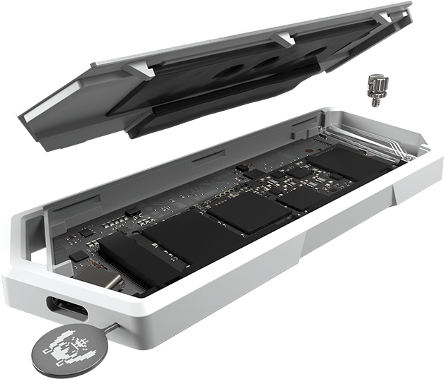 Exploded view of the ROG Strix Arion SSD enclosure shows internal SSD and screwless design.