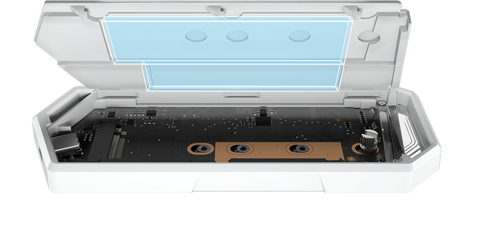 ROG Strix Arion SSD enclosure shows internal aluminum alloy case and thermal pad positioned on the top cover.