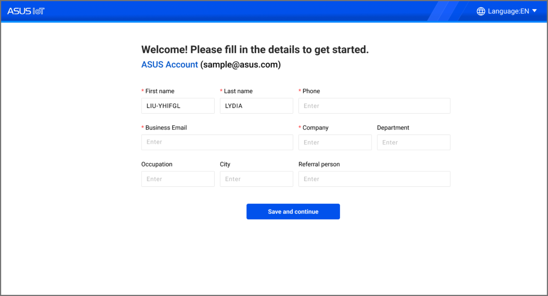 Account registration form for AISVision 365, including fields for first name, last name, phone, email, company, and a 'Save and continue' button.