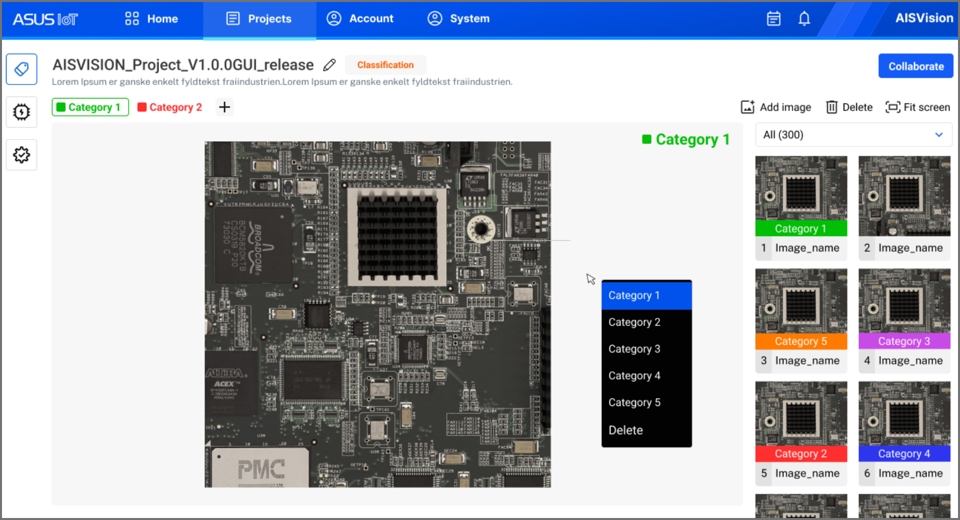 AISVision 365 user interface displaying a circuit board labeled 'Category 1,' with a sidebar showing image categories and thumbnailsssification interface displaying a PCB image being categorized into different groups, with category labels and image thumbnails organized on the right-hand panel.