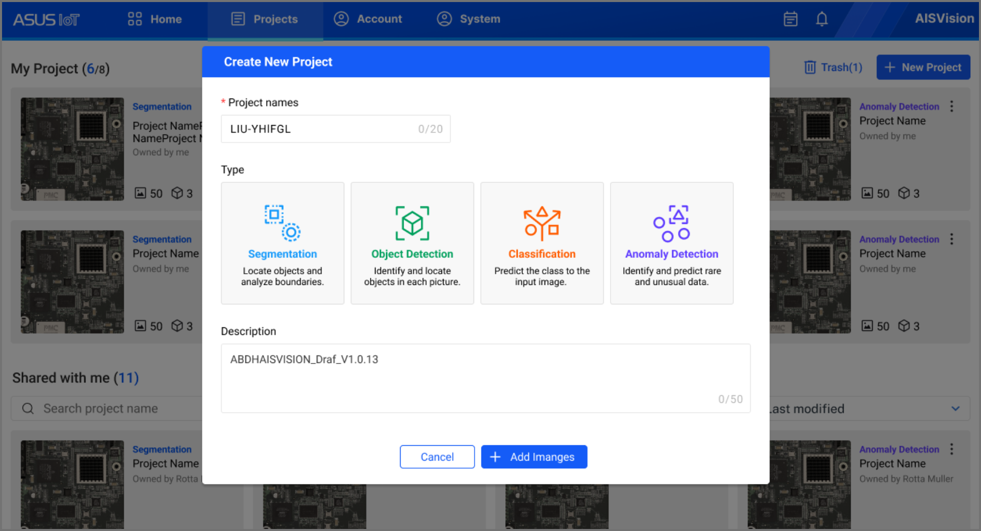 A clean and structured interface on the AISVision 365 platform for creating new projects, with options for segmentation, object detection, classification, and anomaly detection.
