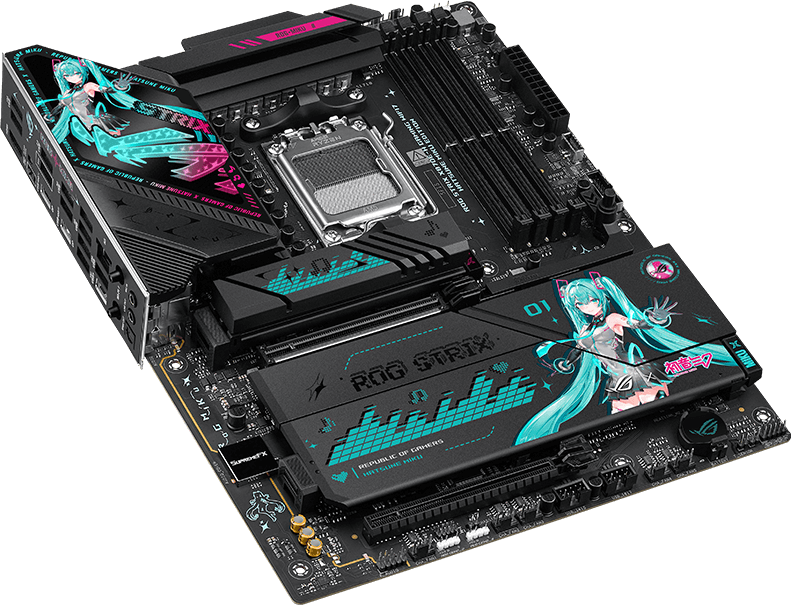 ROG Strix X870E-H Gaming WiFi7 Hatsune Miku Edition, top-down view, 45 degrees