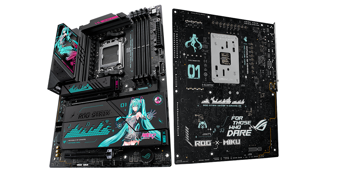 Front and back angle view of ROG Strix X870E-H Gaming WiFi7 Hatsune Miku Edition with Hatsune Miku Lighting design.