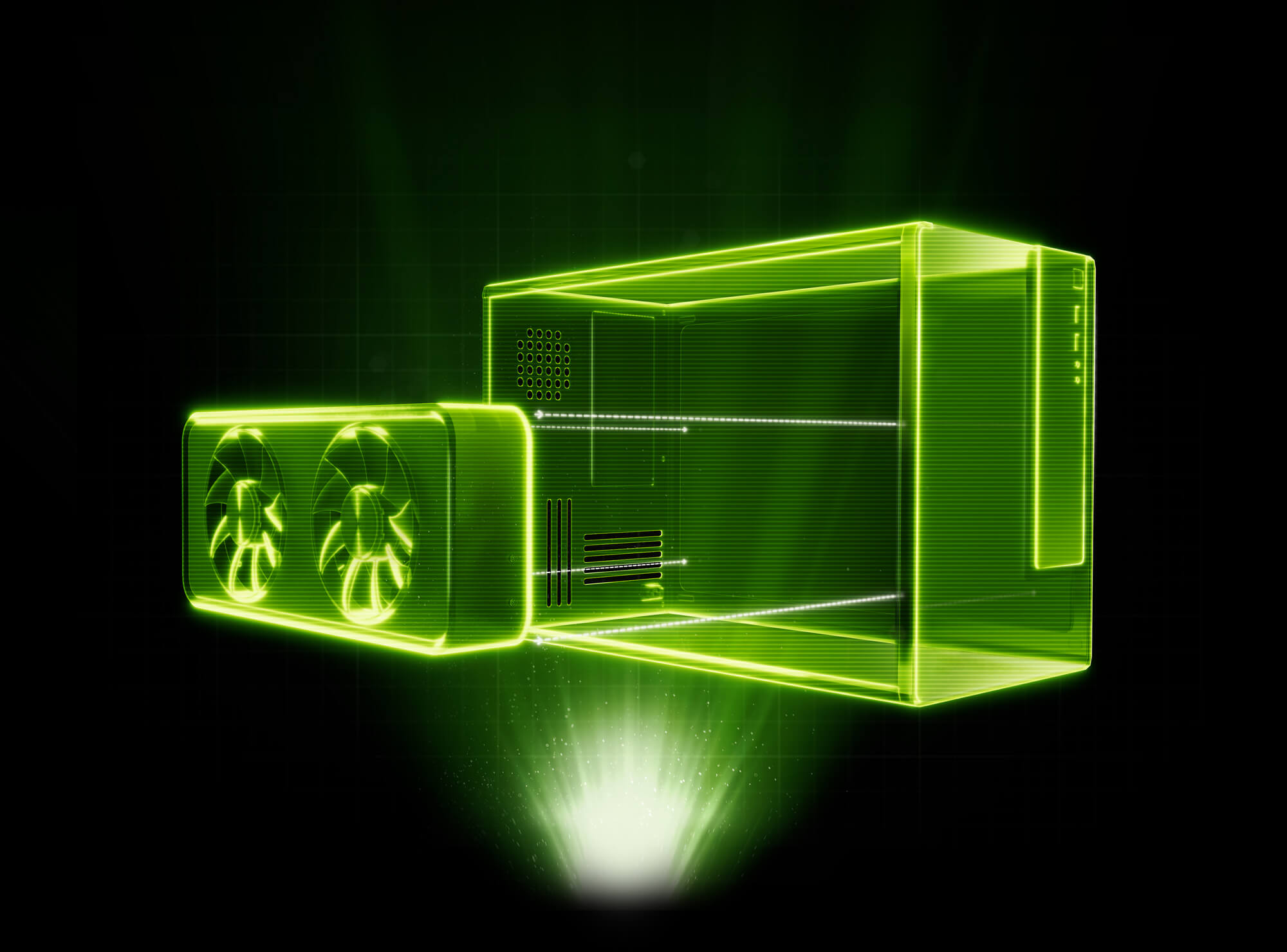 NVIDIA GeForce RTX graphics card highlighting compatibility with small form factor PC cases, shown in a glowing green wireframe design