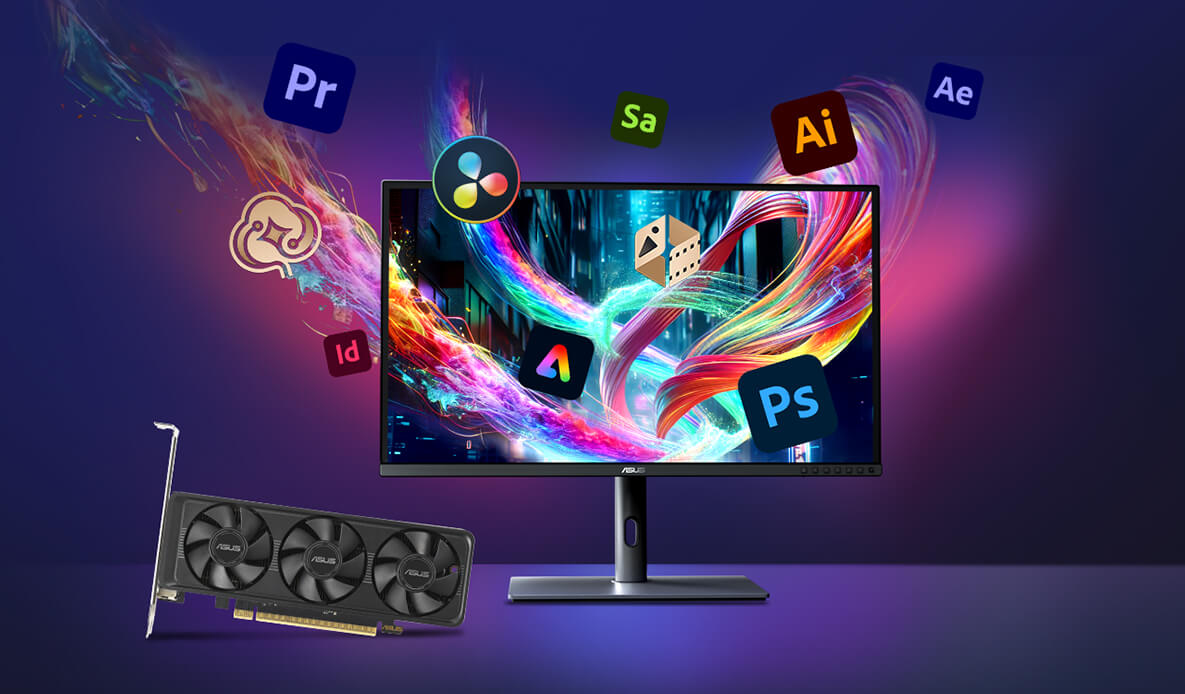 Monitor and ASUS GeForce RTX 5060 LP-BRK graphics card on a desk, with Adobe product logos floating around the monitor