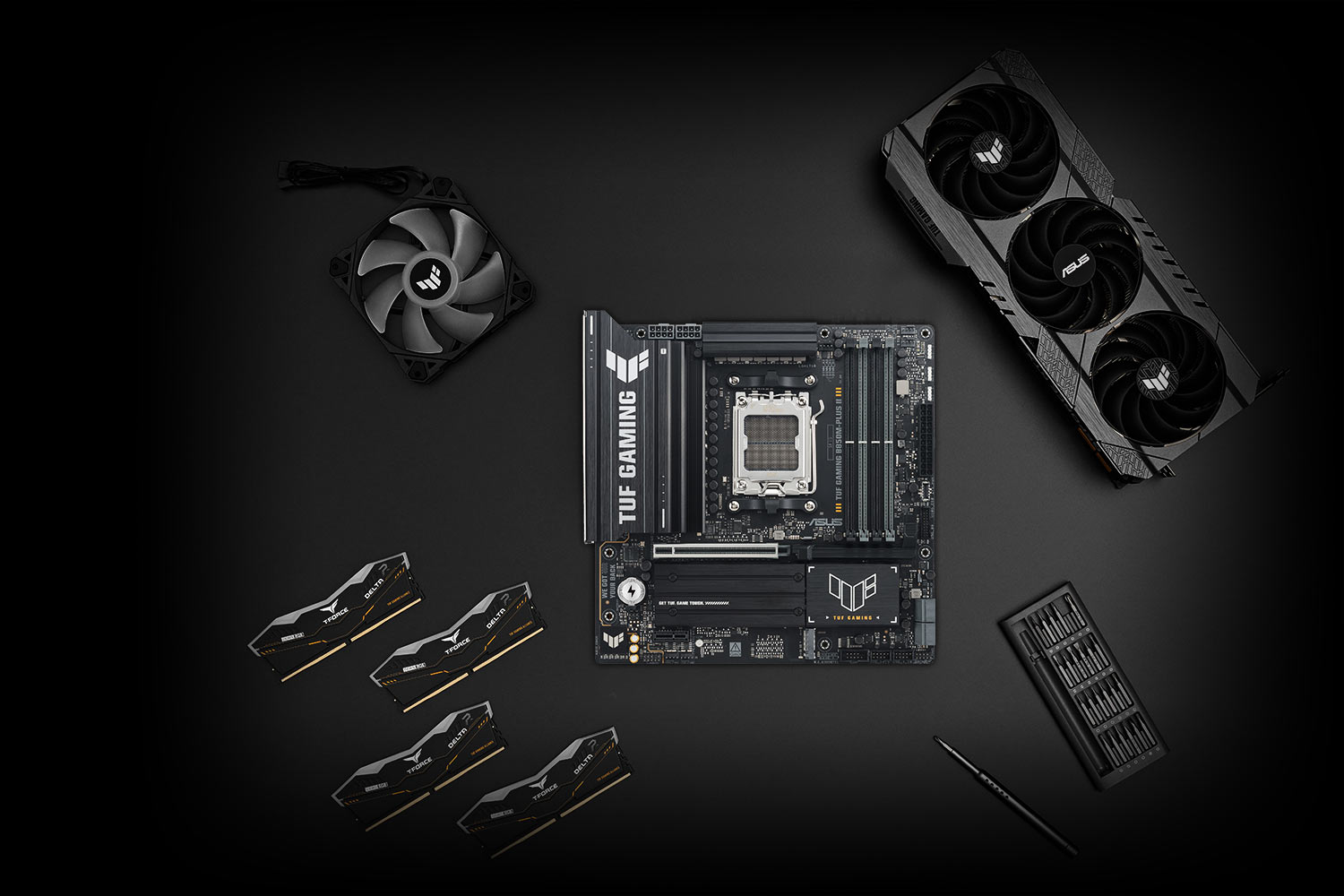 TUF GAMING B850M-PLUS II motherboard placed on a metallic surface with various compatible PC components, including M.2 SSDs and memory modules, arranged neatly around it, representing the TUF Gaming Alliance for guaranteed build compatibility.