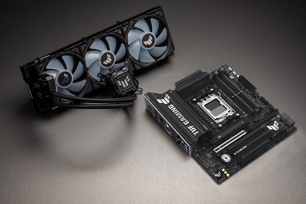 TUF GAMING B850M-PLUS II motherboard standing upright next to a compatible ASUS AIO cooler, illustrating cooler compatibility for high-performance gaming builds.