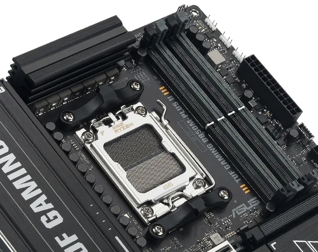 Close-up of TUF GAMING B850M-PLUS II showing DDR5 memory slots with a label indicating support for DDR5 modules up to 8000+ MHz.