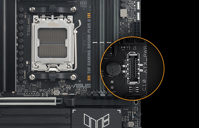 TUF GAMING B850M-PLUS II motherboard with a magnified inset highlighting a front panel USB 10Gbps Type-C port, showing support for high-speed connections.