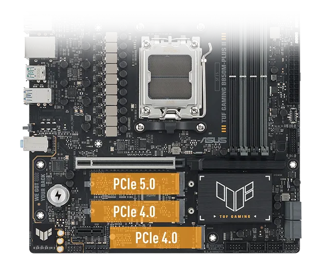 TUF GAMING B850M-PLUS II with two highlighted PCIe slots labeled PCIe 5.0 and one labeled PCIe 4.0. The slots are emphasized in orange.